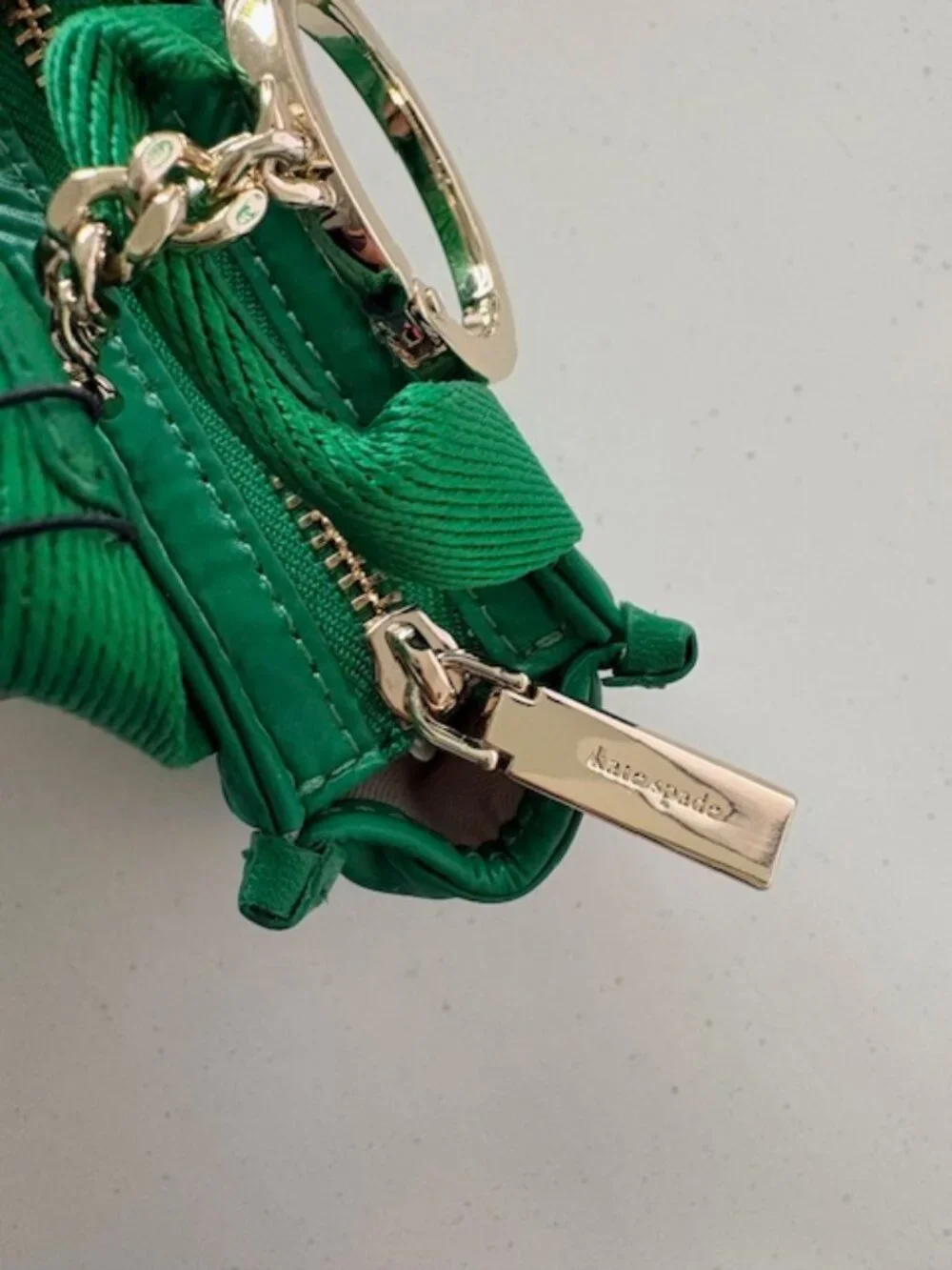 kate spade green quilted mini tote keychain with gold hardware